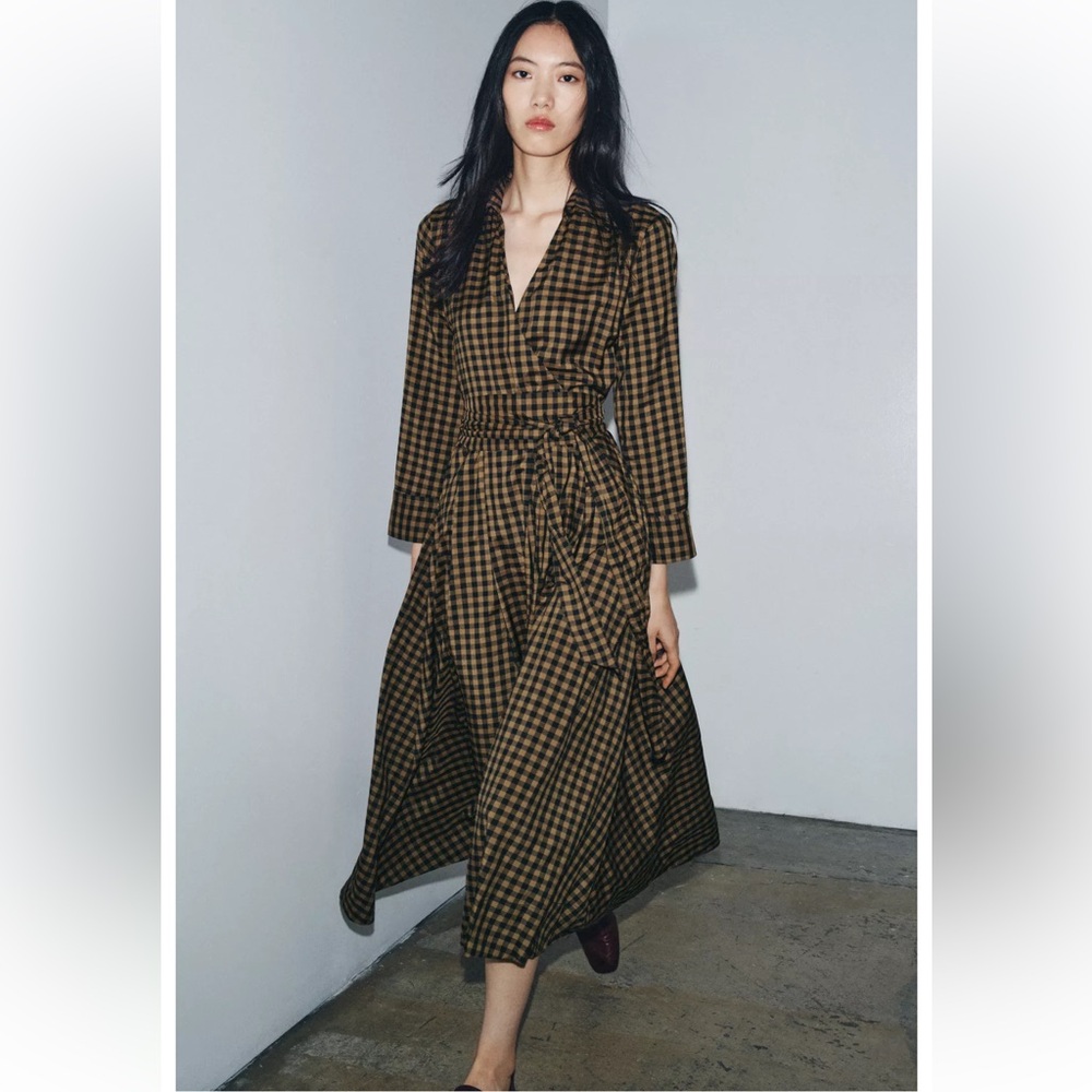 ZARA Long Plaid Shirtdress, caramel & navy. ZW Collection. NWT